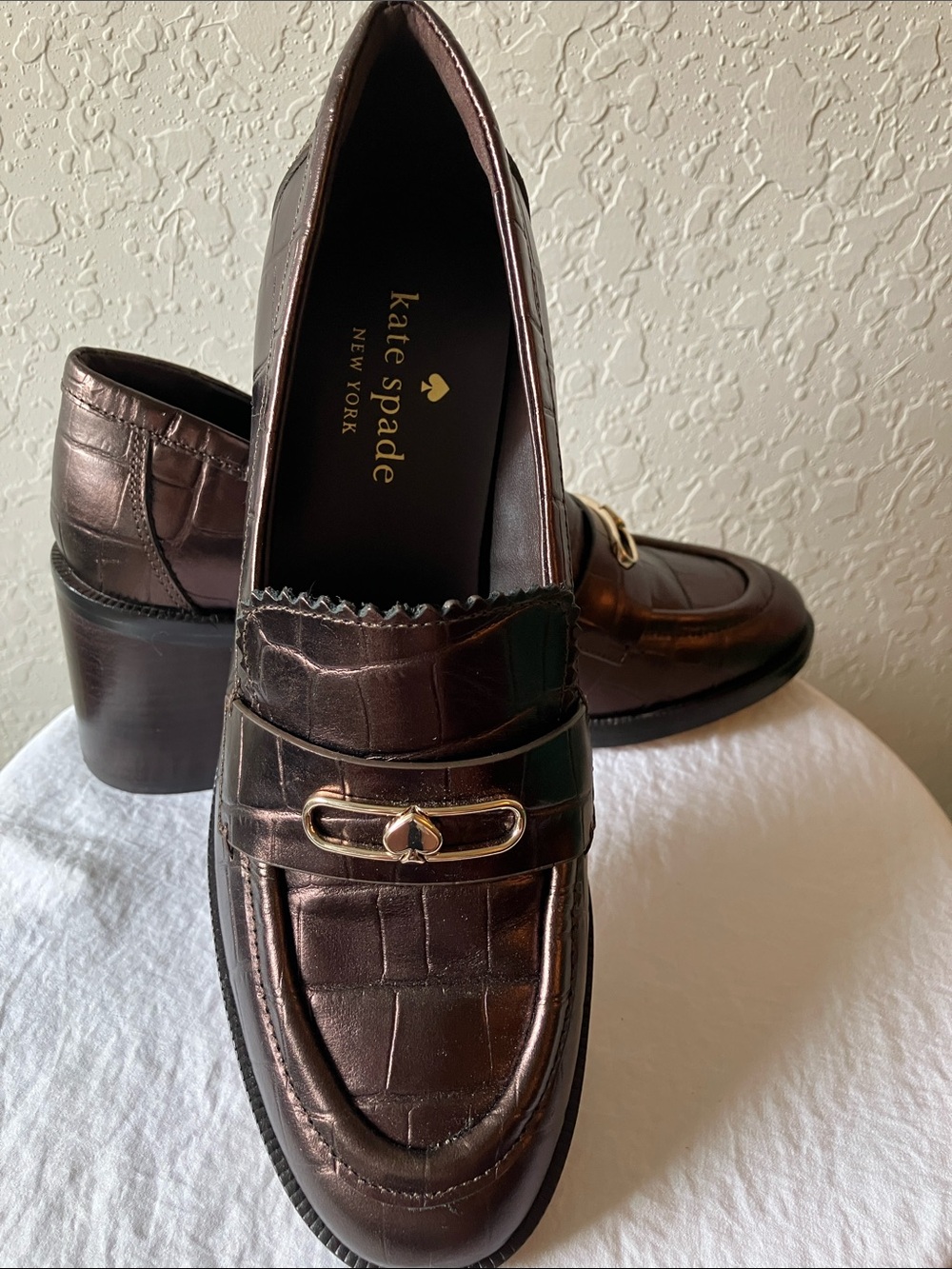kate spade: Croc-Embossed “Hot Fudge” Hallie Heeled Loafer- 7.5